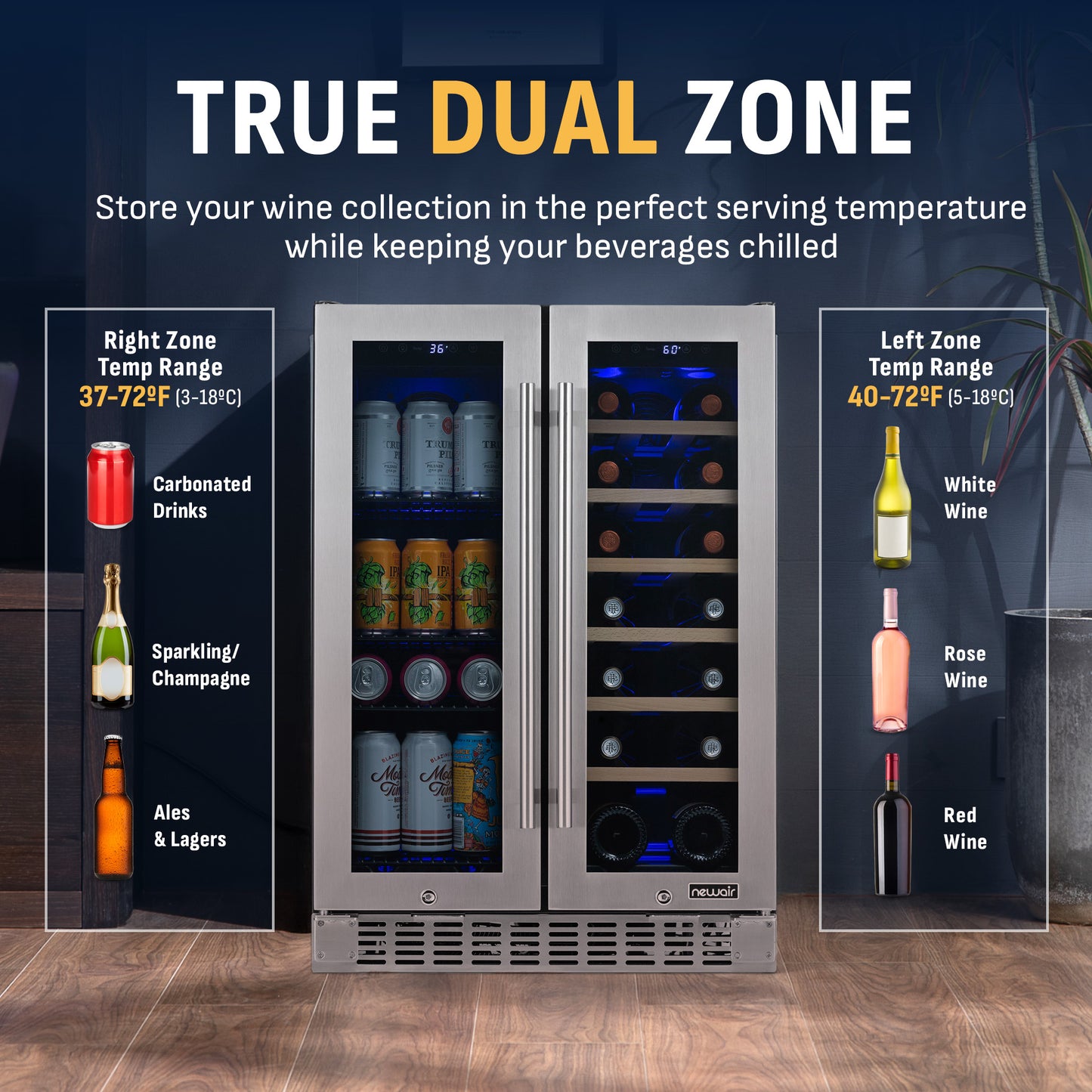 Newair® 58-Can, 18-Bottle Premium Built-in Dual Zone Beverage Fridge - 24"