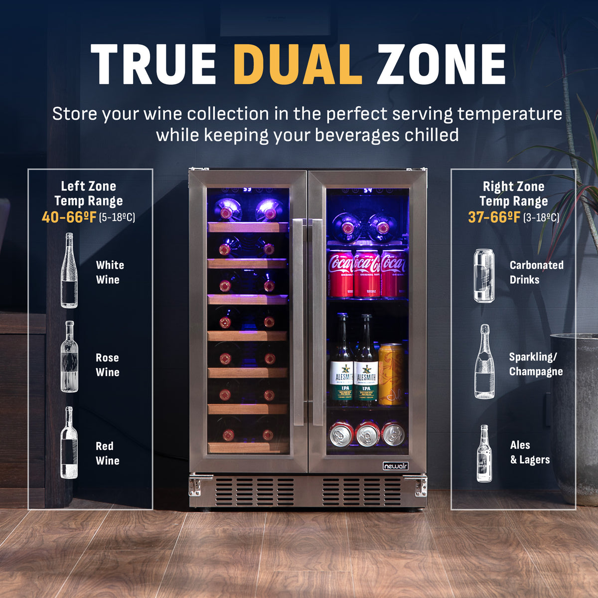 Newair® 24” Stainless Steel Dual-Zone Wine & Beverage Cooler, Built-In or Freestanding