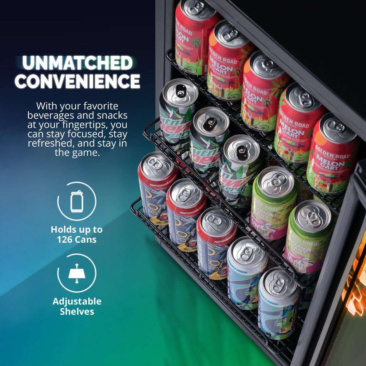 Newair® Prismatic™ Series Beverage Fridge with RGB HexaColor™ LED Lights