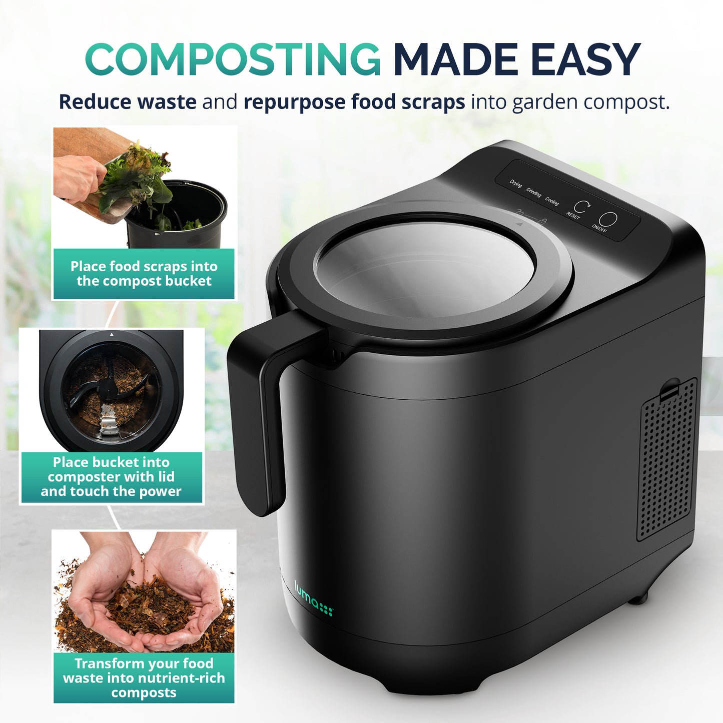 Luma® Kitchen Composter, 2.5L Capacity, Odorless Indoor Use