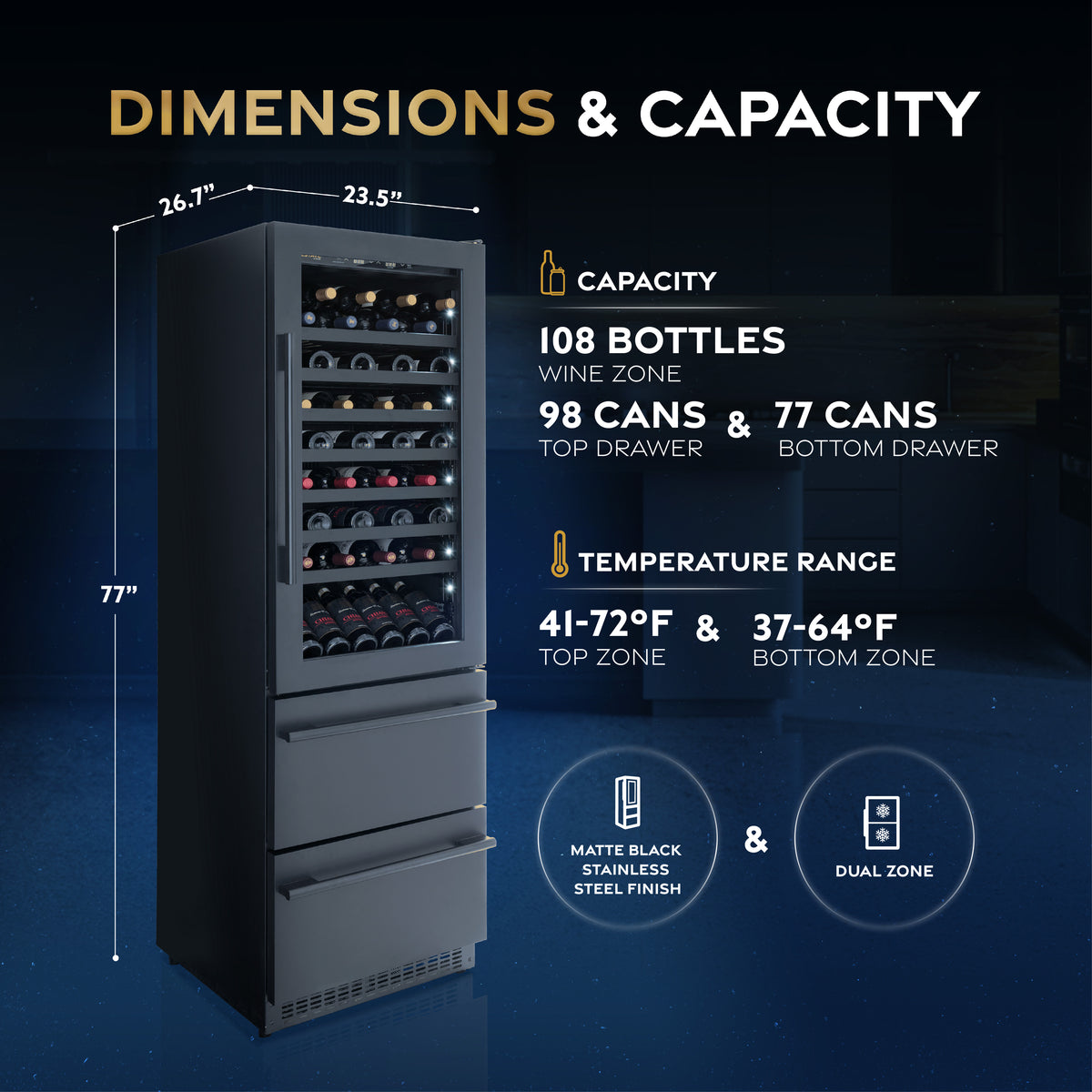 ESTATE Series Premium Dual-Zone Wine and Beverage Center dimensions and capacity. 
