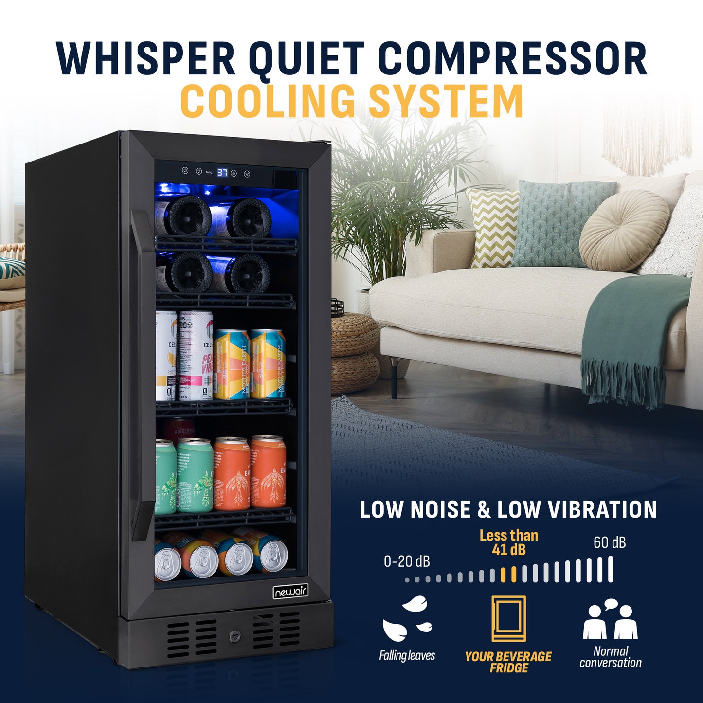 Newair® 80-Can, 33-Bottle Built-in Black Beverage Fridge - 15"