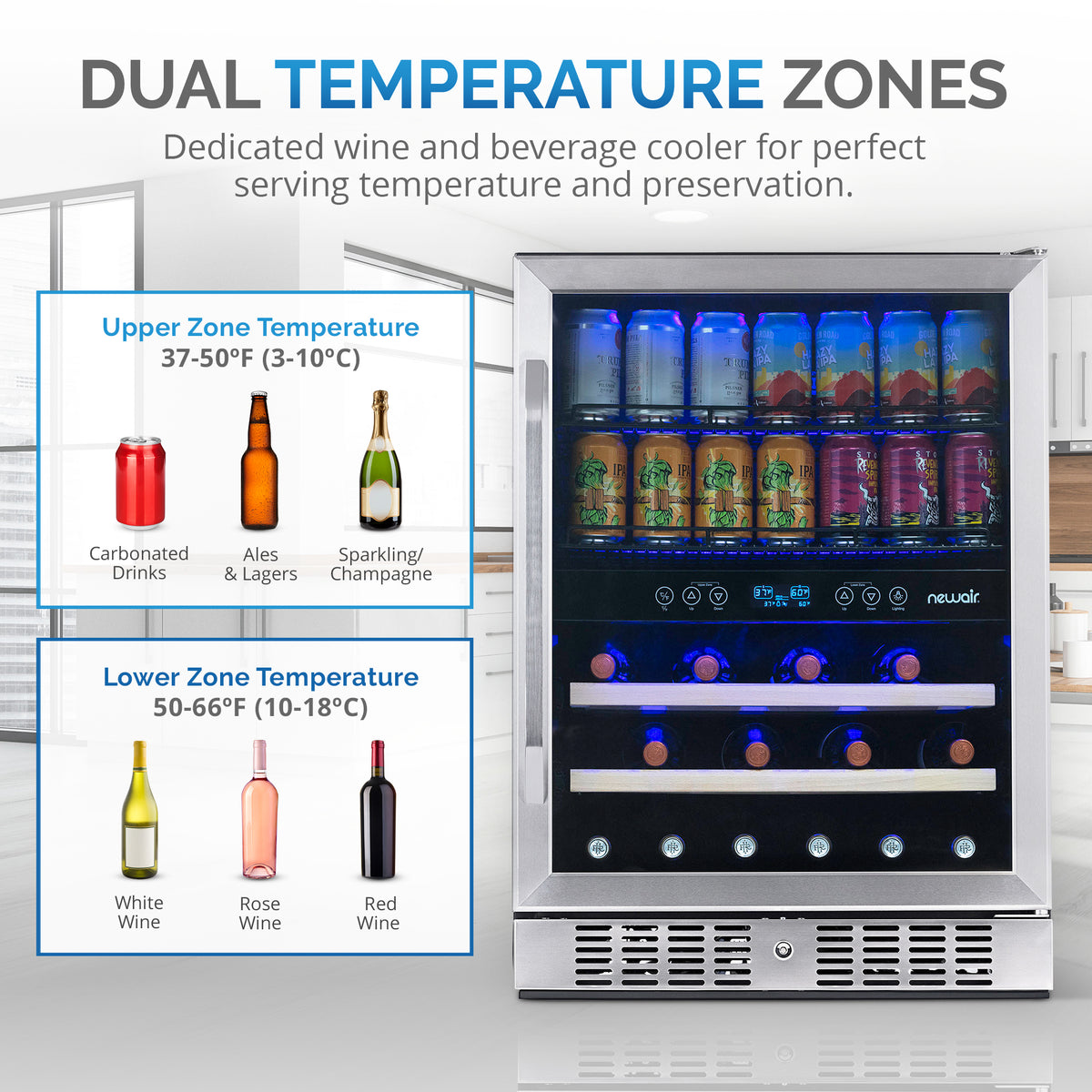 Newair® 70-Can, 20-Bottle Built-in Dual Zone Beverage Fridge - 24"