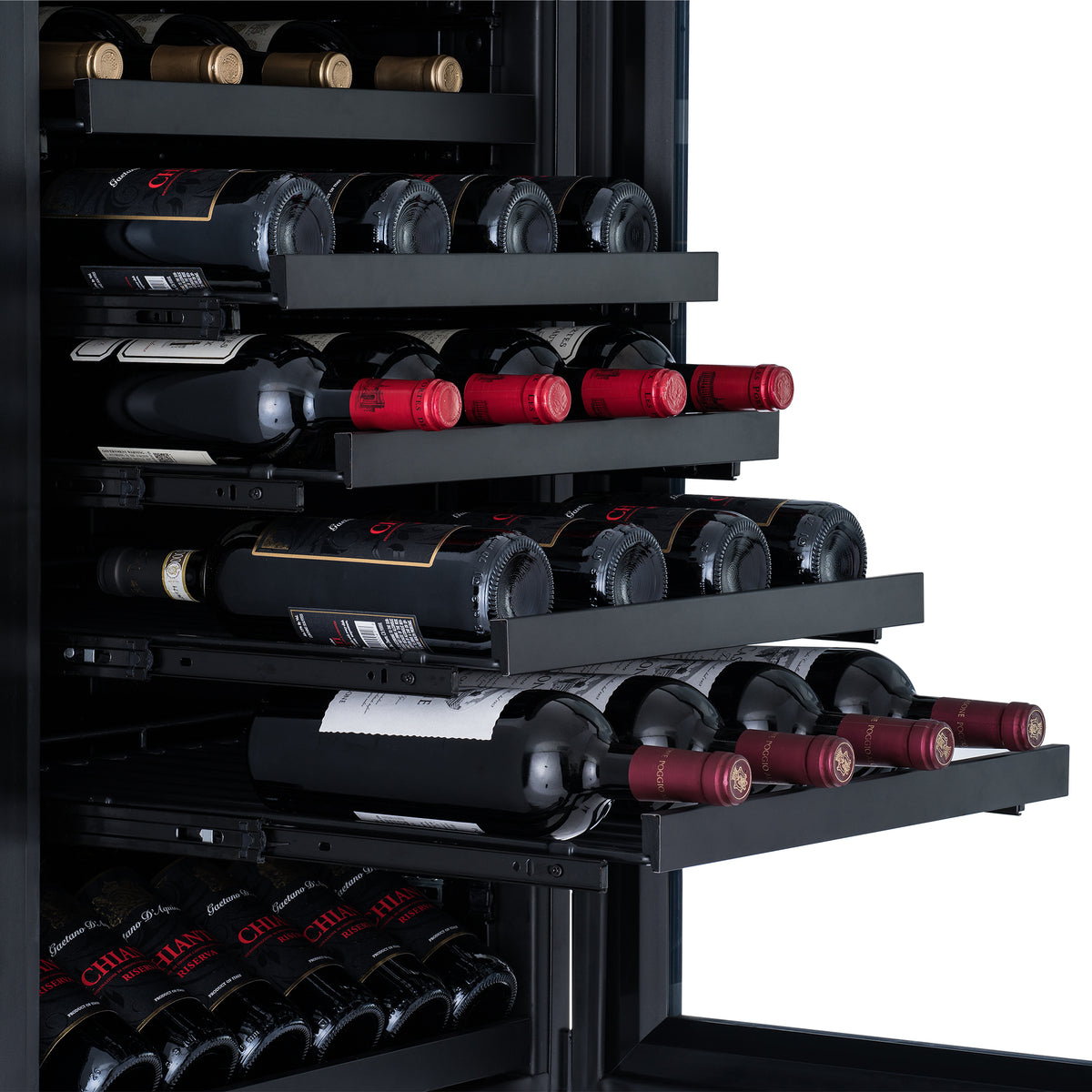 ESTATE Series Premium Dual-Zone Wine and Beverage Center Open Shelves. 