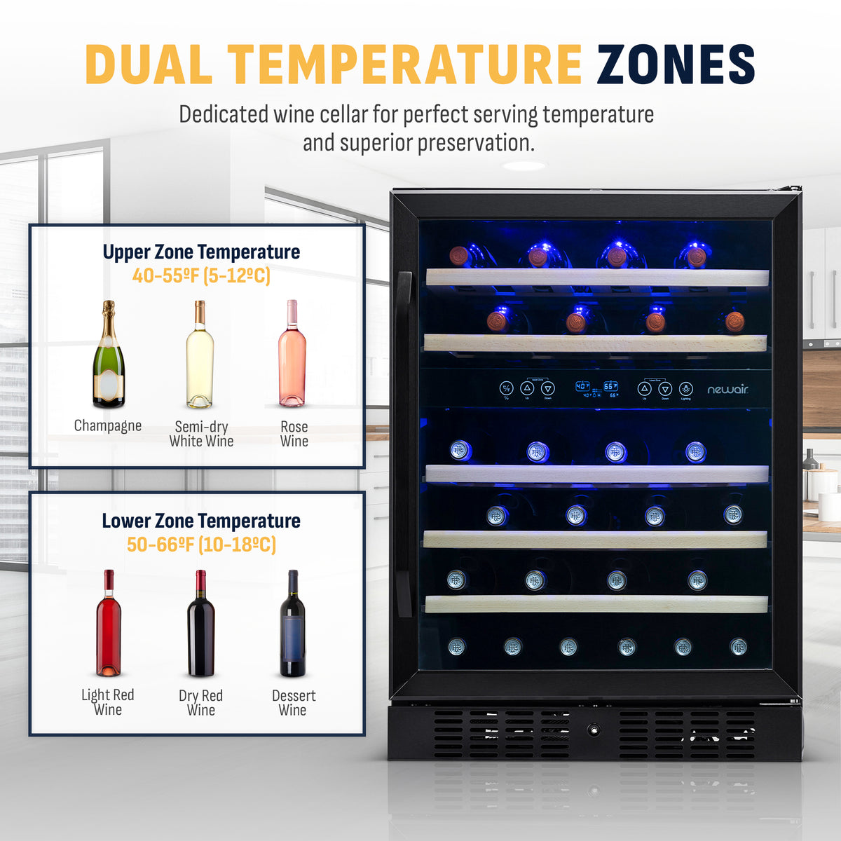 Newair® 46-Bottle 23.5" Black Stainless Steel Built-In Dual Zone Wine Cooler
