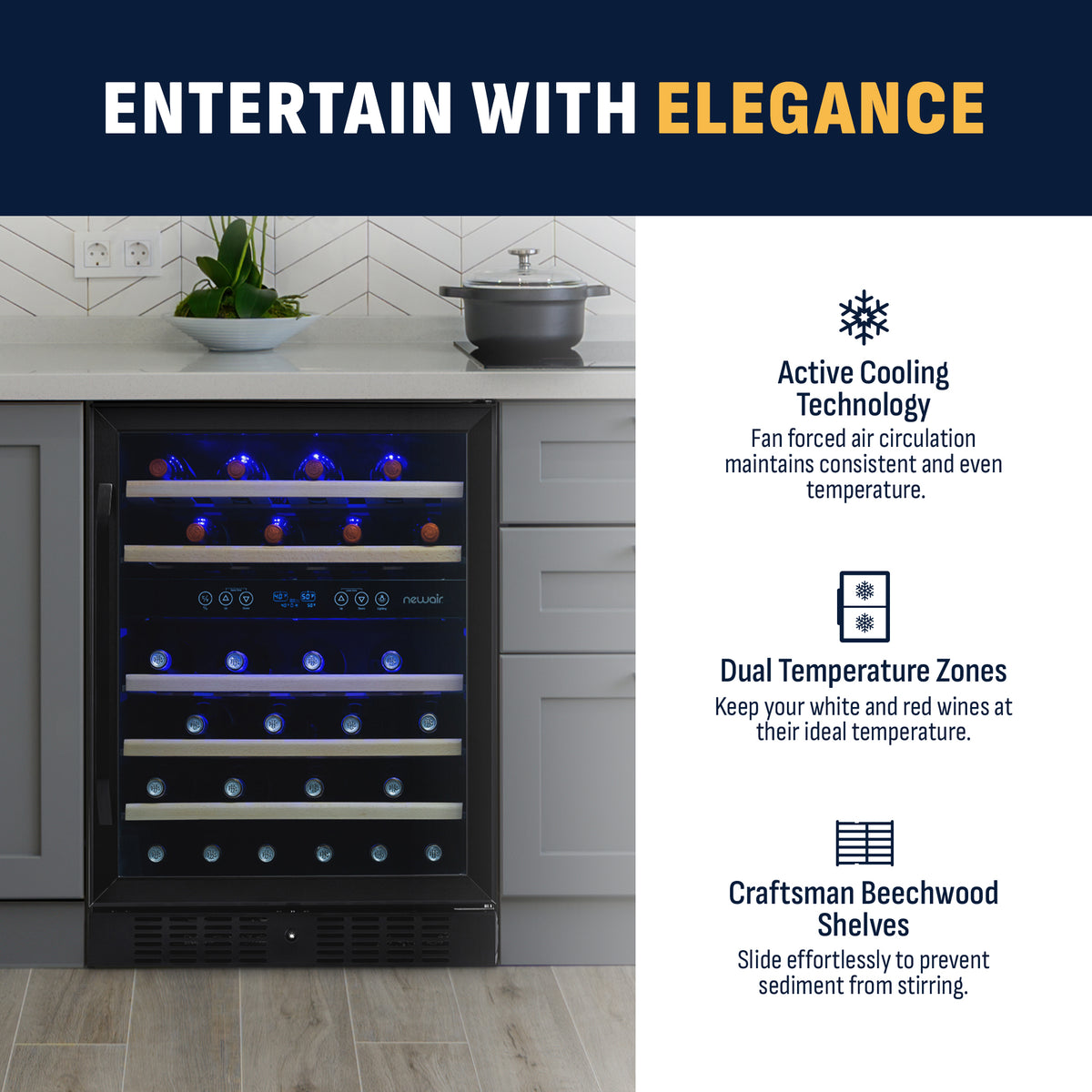 Newair® 46-Bottle 23.5" Black Stainless Steel Built-In Dual Zone Wine Cooler