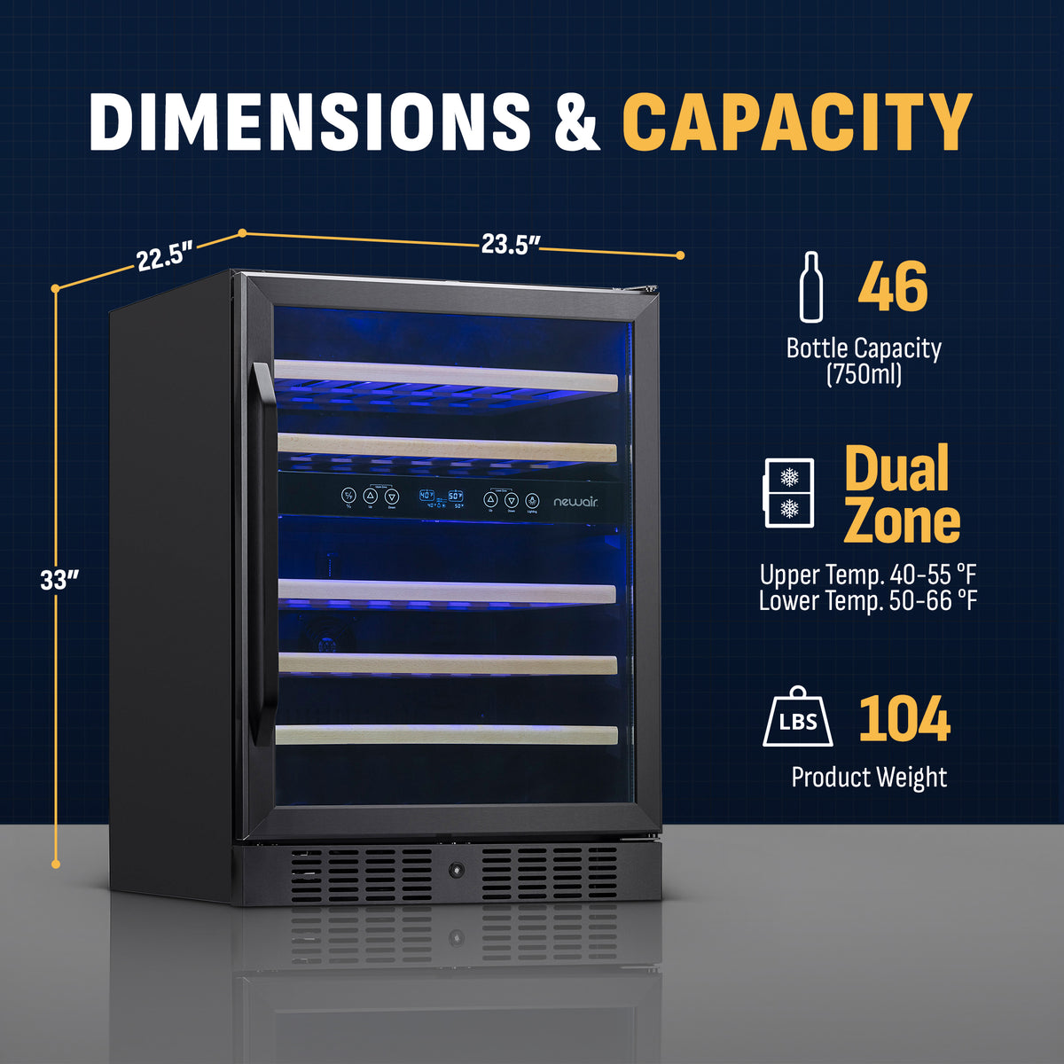 Newair® 46-Bottle 23.5" Black Stainless Steel Built-In Dual Zone Wine Cooler