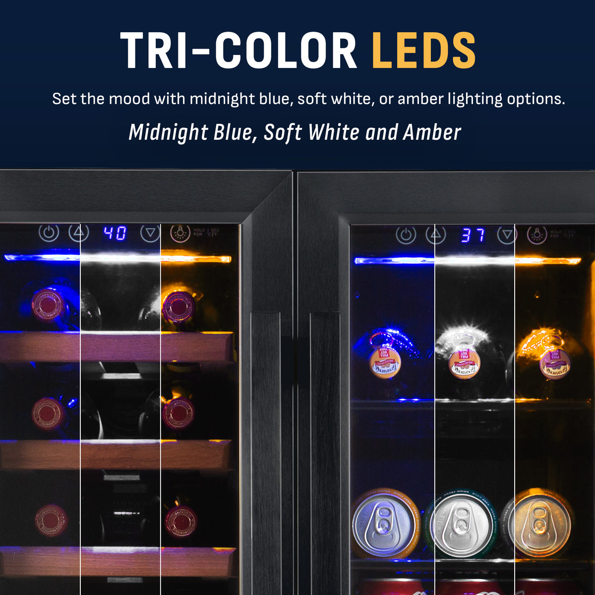 Tri-color LEDs in a built-in wine fridge 24 inch