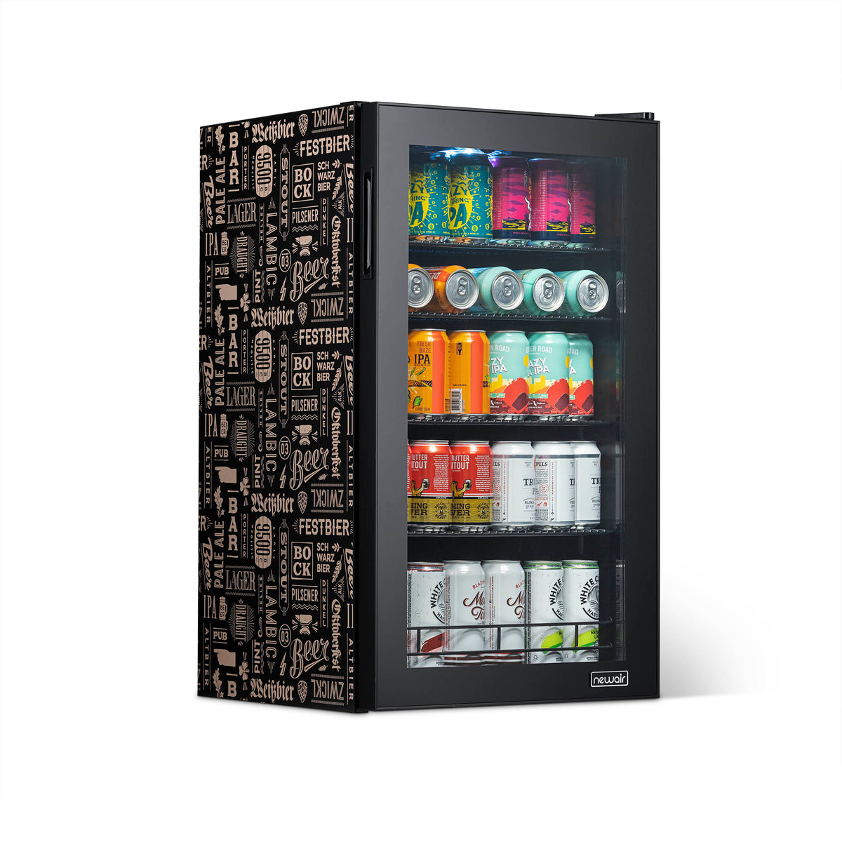 Newair “Beers of the World” Custom Designed Freestanding 126 Can Beer Fridge with SplitShelf™ Beverage Fridge